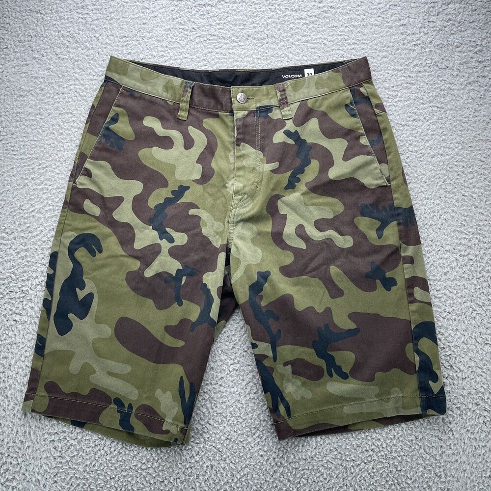 Volcom Shorts Mens 30 Green Brown Camo Chino Outdoors Hiking Pockets Casual